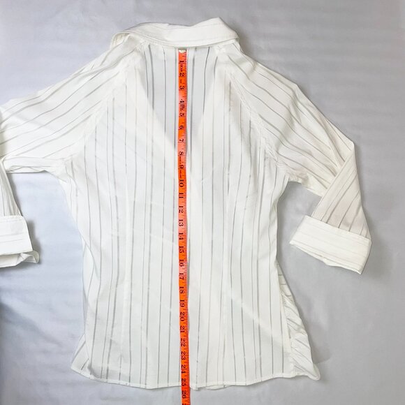 Farinaz Taghavi Ruched Blouse Size 12 White Sheer Stripes Abalone Button Down - Picture 7 of 9